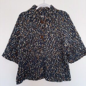 Liz Claiborne Women's Large Nubby Blue Brown 3/4 Sleeve Sweater Cottagecore Cozy